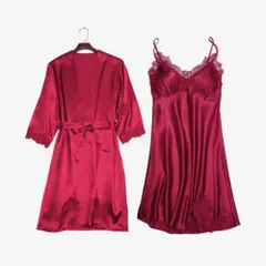 ☆ ワインレッド ☆ Lサイズ ☆ ナイトウェア 2点セット nightwear929n2 ルームウェア レディース おしゃれ ナイトウェア パジャマ 部屋着 寝巻き ネグリジェ 2点セット ガウン ワンピース キャミソール パット付き 薄手 レース