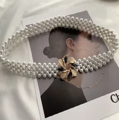 レディースベルト フェイクパール 4連 ファッションベルト 帯飾り オシャレレディースベルト  デザインベルト スマート ワンピース 高級感 帯留め 浴衣 夏休み ウエストマーク 長さ調整可能 上品 ビジネス レディース女性 伸縮性 ゴムバンド バックル