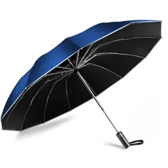 【在庫セール】折りたたみ傘 折り畳み傘 反射テープ付き 日傘 12本骨 逆折り式 ワンタッチ 自動開閉 UPF50+ 超撥水 耐強風設計 メンズ傘 超大サイズ 晴雨兼用 梅雨対策 台風対応 紫外線遮蔽 収納ポーチ付き メンズ レディース（ブルー）