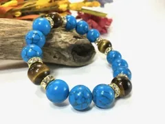 パワーストーン ブレスレット ターコイズ タイガーアイ 12mm （ゴールド）メンズ・レディース 男性・女性 数珠ブレス 開運  [a]