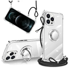 iPhone 12 Pro Max ケース クリア 透明 リング付き ショルダー 調節可能 肩がけ 首掛け 紐付き 斜めがけ スマホケース アイフォン 12 プロマックス ケース シリコン TPU ストラップホール付き 耐衝撃 傷防止 全面保護 カバー ( 1