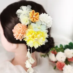 髪飾り 4点セット イエロー　成人式 卒業式 ヘアアクセサリー 浴衣 結婚式 七五三 和装 花 ピン＆クリップタイプ　着物　フラワー　かわいい　黄色 03-046