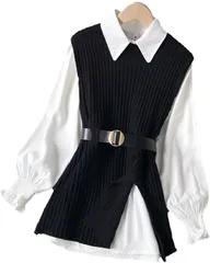 Maison de TAO メゾンドタオ シャツ ニット ベスト ベルト 付き 3点 セット レディース 黒( ブラック,  Free Size)