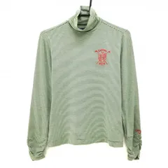 【美品】キャロウェイ 長袖ハイネックシャツ グリーン×白 細ボーダー ロゴ刺しゅう レディース M ゴルフウェア Callaway