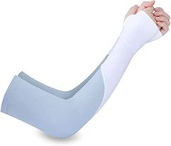 EXGOX アームカバー 冷感 レディース 夏 日焼け防止 ひんやり 冰袖 【UVカット率99.9%・接触冷感?５℃】【左右セット・指穴あり】 スーッと爽快アームカバー ロング 紫外線対策 滑り止め（ブルーとホワイトのパッチワーク）