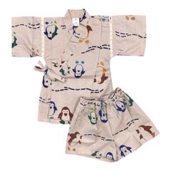 【B品　色褪せ　定価5,980円】ME-A-363　日本製　キッズ　甚平　90サイズ　綿100％  ペンギン　海　お祭り　夏祭り　ワンシーズン　ピンクベージュ　可愛い　子供