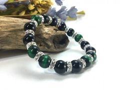 グリーンタイガーアイ&オニキス パワーストーン ブレスレット 10mm （シルバー）メンズ・レディース　男性・女性　数珠ブレス　開運 [17]