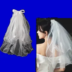 【人気商品】ZHEJIA ウェディングベール ベール ヴェール レディース ヘアアクセサリー 2層ウエディングベール ウエディングドレスの飾り用品 蝶結び付き 写真 かわいい 花嫁 結婚式 60-80cm