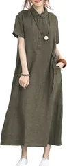 BLANK BLANC ブランクブラン ワンピース ロング丈 半袖 夏 ゆったり 体型カバー カジュアル 薄手 半袖レディース 量産型 襟広め 無地 おしゃれ 大きいサイズ おおきい シンプル 和風 かわいい ゆるい 可愛い(カーキ,  L)