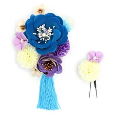 髪飾り 成人式 つまみ細工 振袖 前撮り 袴 2点セット 花 青 紫 水色 白 赤 ゴールド ちりめん 房 和柄 大きい 小さい 和装 大 No.12-0724
