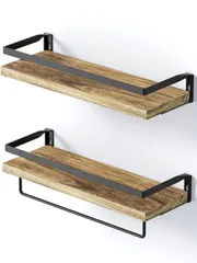 SIUSA ウォールシェルフ 壁掛け棚 2個セット 壁 棚 ラック 天然木製 ウォールラック おしゃれ 幅40cm 玄関 キッチン 洗面所 トイレ 寝室 取り付け簡単 DIY 日本語取扱説明書 タオルバー付き ライトブラウン
