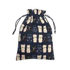 裏地付 猫柄 小物入れ 和雑貨 和柄 日本製 巾着袋 ki-155 御朱印帳入れ (06 招き猫 巾着 紺)