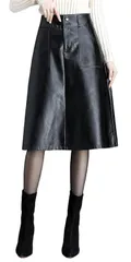 [人気商品]ブラック_L [syvent] レディース ウエストゴム ひざ丈 PU レザー スカート 大きいサイズ 膝丈 フレア Aライン 秋 冬 革スカート ボタン ポケット付き 台形
