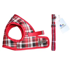 THAINハーネス・リード 3-5kgs 小型犬 ハーネス リードセット チェック 胴輪 メッシュ 犬 ハーネス 人気 格子縞 犬用ハーネス(M レッド)