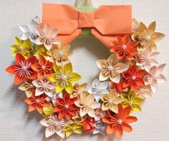 折り紙リース フラワーリース 花 リボン オレンジ 黄色 ハンドメイド 手作り インテリア