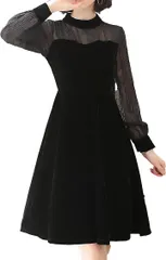 babester ベイブスター パーティー ドレス レディース ワンピース シアー レース 長袖 ひざ丈 結婚式 発表会 デート Aライン 中学生 高校生 フォーマル 大人 上品 透け オケージョン 成人( ブラック,  L SlimShort)