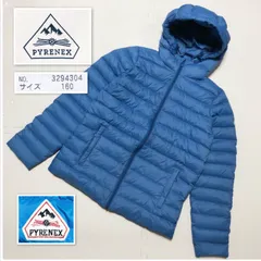 ■極美品■PYRENEX ピレネックス　CARRON ライトダウンジャケット　軽量ダウン　フード　フーディ　ロゴワッペン　ブルー系　ダウン90%  ボーイズ14  男の子用　size160 レディース可