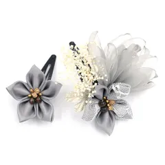 髪飾り 成人式 つまみ細工 カスミソウ シフォン レース サテン ビーズ ゴールド 振袖 前撮り 袴 花 グレー 灰色 クリーム色 白 No.9-5530