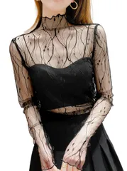 ハイネック インナー メロー加工 チュール 軽量 ブラウス 薄手 高伸縮 絶妙な透け感・肌見せ・重ね着・着回し力 長袖 秋 花柄 春 レディース 春 シースルー 夏 総レース トップス 秋 シアー 稲光 [newsight]