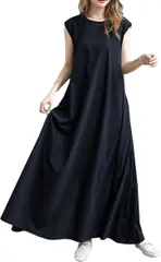 NEKORA ワンピース ロングワンピース マキシ丈 スカート 無地 レディース 薄手 大きいサイズ(ブラック/ノースリーブ,  L)