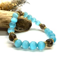 キャッツアイ(ライトブルー)×スモーキークォーツ パワーストーン ブレスレット  (ゴールド) メンズ・レディース　男性・女性　数珠ブレス 開運 [23]