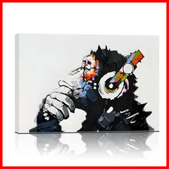 【特価商品】壁飾り ファッション動物油絵ゴリラ モダン 動物 インテリア かわいい 落書き 壁絵 現代 玄関アートパネル 漫画 絵画 抽象 贈り物 アートパネル キャンバス チンパンジー ポスター 木枠付きの完成品 Banksy バンクシー 『音楽を聴いている
