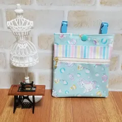 ハンドメイド　移動ポケット　ラミネート　ベビーユニコーン　ストライプ　ミント