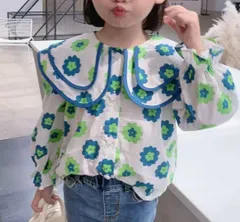 女の子　ブラウス　100 110　長袖　春　花柄　かわいい　おしゃれ　韓国風　白　緑 ホワイト　グリーン　ナチュラル　ガーリー　フェミニン　可愛い　綺麗め　きれいめ　普段着からお呼ばれまで　大きめ襟　フリル　袖口ゴムで着やすい　アースカラー　レトロ爽やか　上品