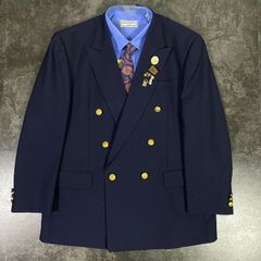 【JAPANESE VINTAGE】紺ブレ 4点セット セレモニー ダブルスーツ テーラードジャケット上 金ボタン 刻印 エンブレム ネイビー系 XLサイズ 成人式 卒業式 結婚式（ユーロピンズ＆シャツ＆ネクタイ おまけ）No.71