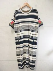 JOCOMOMOLA ホコモモラ ニットワンピース 半袖 ひざ丈 ボーダー柄 花柄 刺繍 ベージュ系 40サイズ