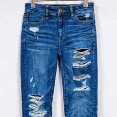 【美品】AMERICAN EAGLE アメリカンイーグル インディゴブルー レディース Ｓ相当 スキニーフィット ボトムス ストレッチ デニムパンツ Gパン ダメージジーンズ KH-V-241029