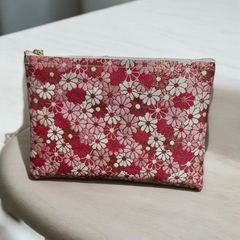 京都 西陣織り 20cmポーチ   小菊 赤ピンク