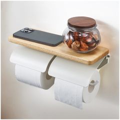 ヲンシウ トイレットペーパーホルダー 天然木 天板付き おしゃれ ダブル 紙巻器 (ナチュラル×ホワイト ダブル)