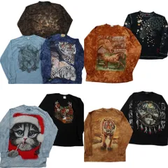 古着卸 まとめ売り アニマル・生物 長袖Tシャツ 9枚セット (メンズ M /L ) ウルフ タイガー キャット 鯉 トナカイ 中古 古着 NC0419