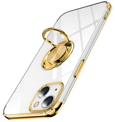 【迅速発送】iPhone 14 用 ケース クリア リング付き アイホン 14 カバー 透明 おしゃれ OURJOY スマホケース メッキ加工 ソフトケース 耐衝撃 軽量 薄型 ストラップホール付き スタンド機能 車載ホルダー対応 携帯ケース  ゴールド