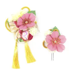 髪飾り 成人式 水引 赤 振袖 前撮り 袴 花 2点セット 花 ピンク シャンパンゴールド 白 ちりめん 房 組紐 玉飾り ラメ 和柄 パ No.12-0300