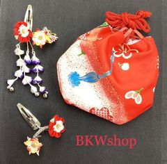 限定品　used　髪飾り・巾着　赤白地　グラデーション　２点セット　七五三　和小物　お呼ばれ　コスプレ　リメーク