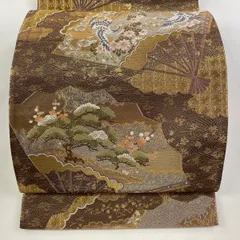 【美品】 袋帯 秀品 扇 鶴 金糸 箔 金茶 六通 正絹 【中古】