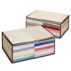 【迅速発送】アストロ 衣類収納ケース ライトベージュ 2個組 通気性の良い不織布製 リングタイプのファスナー引手で開閉がスムーズ 洋服 収納袋 保管袋 収納ボックス オフシーズンの衣類をホコリから守る 埃除け 衣装ケース 中身の見える透明窓付き 折りたためる