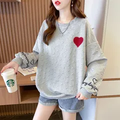 トレーナー レディース ラウンドネック スウェット ロゴトレーナー ロンT Tシャツ エンボス加工 プルオーバー ハート刺繍 長袖 体型カバー トップス おしゃれ 可愛い シンプル カジュアル 韓国ファッション 春 秋 yiguli01