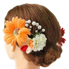 髪飾り 成人式 振袖 浴衣 卒業式 袴 結婚式 5点セット 赤 橙 白 花 和 洋 かんざし 手作り 簪 つまみ細工 ちりめんフォーマル 花飾り 玉飾り ブライダル W38 303-238 赤 橙 r738　Si