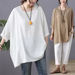チュニック 夏 Tシャツ レディース 五分袖 プルオーバー トップス 大きいサイズ チュニック 爽やか ナチュラル 体型カバー 森ガール ゆったり ふんわり きれいめ リゾート 旅行 着まわし 無地 abm26