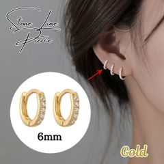 【6mm フープピアス ゴールド】5連ストーン 小ぶり リングピアス ワンタッチピアス レディース メンズ ユニセックス シンプル 普段使い デイリー 耳たぶ 軟骨 おしゃれ プレゼント