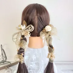髪飾り ドライフラワー＊結婚式 成人式 卒業式 和装 打掛 振袖 袴~ゴールドリボン ツイン ソラローズ ロープ チュール パール 水引~くすみピンク 19本