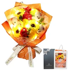 woowei ソープフラワー 花束 くま LED付き 敬老の日 母の日 ひまわり ひな菊 枯れない花 フラワーギフト 人気 造花ブーケ 誕生日プレゼント 女性 結婚祝い 退職 送別 贈り物ボックス 白い手提げ袋が付属します 1
