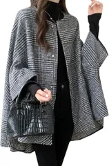 NEKORA チェック柄 ポンチョ ジャケット コート 羽織 カーディガン アウター レディース チュニック おしゃれ ボタン付き きれいめ かわいい オフィス カジュアル(ブラック,  L)