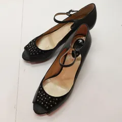 ピッティ Pitti オープントゥ パンプス ブラック 24cm アンクルストラップ レディース レザー ビジュー#9160