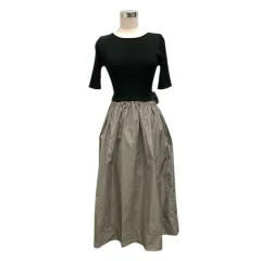 ファーチェカンパーナ FACE CAMPANA ドッキングワンピース クルーネック リブ ストライプ 半袖 ロング丈 M 黒 ブラック グレー