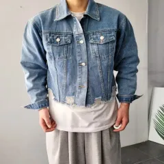 ユニセックス ショートレングス クロップド ダメージ ウォッシング デニム デニムジャケット 2 カラー