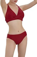 ISLAYCAOLILA ビキニ 水着 ホルターネック カシュクール スイムドレス 三角 ストラップ セパレート パッド入り ワイヤーなし レディース CD6(ワインレッド,  XL)